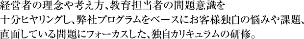 経営者の理念や考え方、教育担当者の問題意識を十分ヒヤリングし、弊社プログラムをベースにお客様独自の悩みや課題、直面している問題にフォーカスした、独自カリキュラムの研修。 