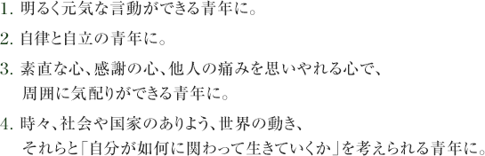 １. 明るく元気な言動ができる青年に。２. 自律と自立の青年に。３. 素直な心、感謝の心、他人の痛みを思いやれる心で、周囲に気配りができる青年に。４. 時々、社会や国家のありよう、世界の動き、それらと「自分が如何に関わって生きていくか」を考えられる青年に。